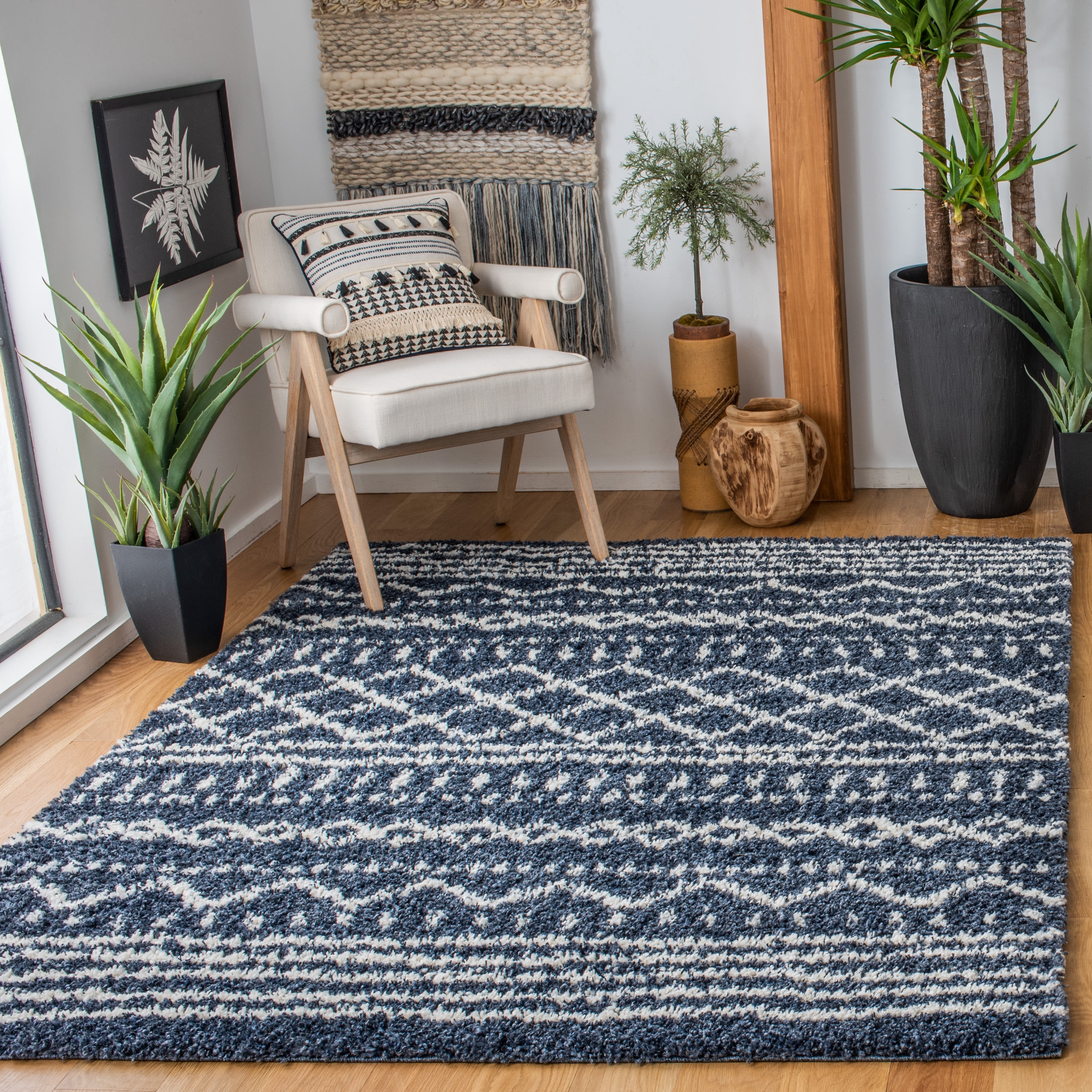 Safavieh Arizona Teagan Geometric Shag Area Rug, Slate Blue/Ivory, 6' x 8'