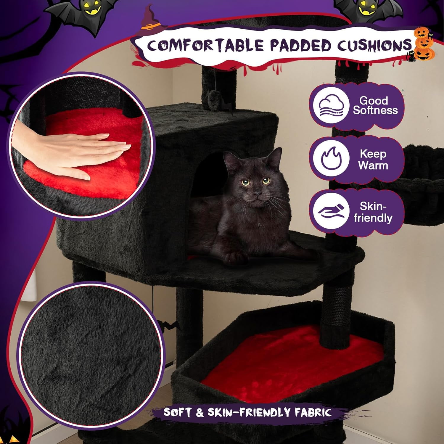 YounGG Gothic Cat Tree, 83 Inch Tall Cat Tower with Sisal Covered Scratching Posts, 2 Coffin Beds, 2 Cat Condos, Hammock, Basket Bed, Halloween Pet Furniture, Black Goth Cat Tree for Indoor Cats
