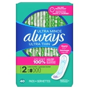 Always Ultra Thin Pads Without Wings, Size 2, Long Super Absorbency, 40 Count
