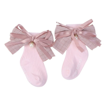 

Tregren Toddler Baby Girls Plaid Bowknot Medium Tube Socks Kids Anti-Slip Ribbed Stockings