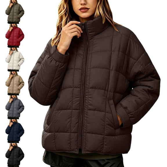Womens Puffer Jacket Stand Collar Zip Up Lightweight Casual Fall Winter Quilted Coat With Pockets