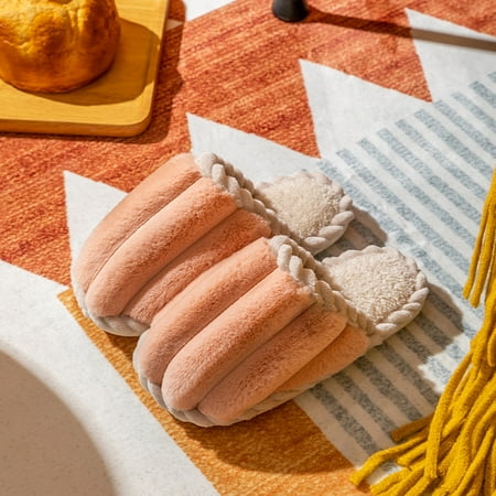 

Dpityserensio Winter Cotton Slippers Men Women Indoor Stripe Warm Plush Shoes Outdoor Couple Cotton Slippers