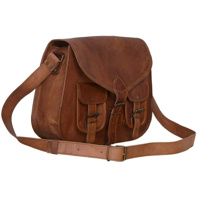 KPL 14 Inch Leather crossbody bags Purse Women Shoulder Bag Satchel Ladies  Tote Travel Purse full grain Leather (Tan Brown)