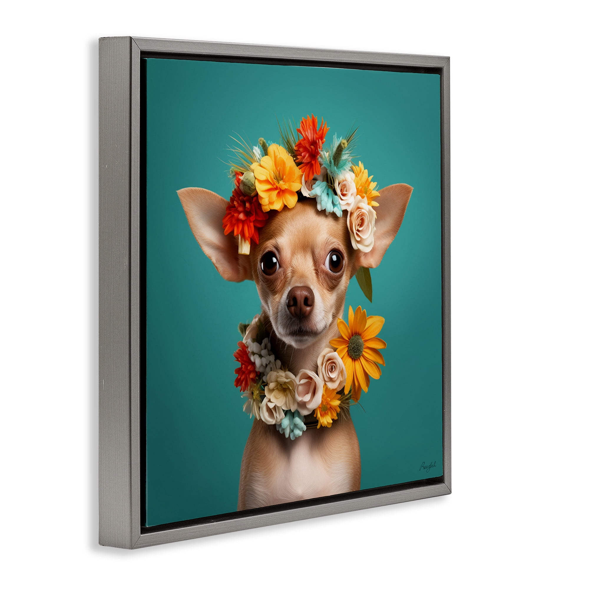 Stupell Industries Floral Chihuahua Portrait Animals & Insects Painting Gray Floater Framed Canvas Art Print Wall Art, 25 x 25