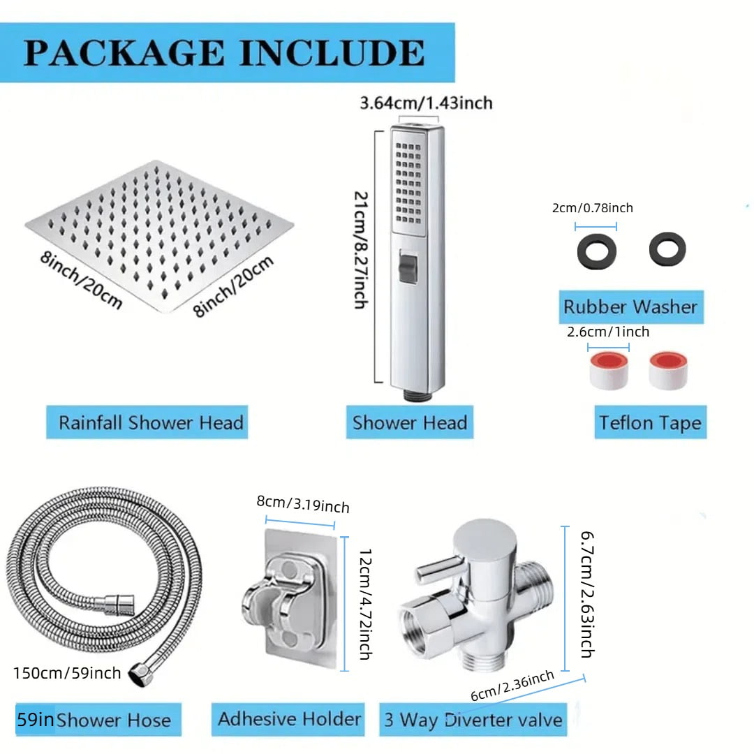 Shower Head with Hose, 8'' High Pressure Rain Shower Head, Handheld Shower Head Combo, 2+1 Spray Settings Adjustable Shower Head with Holder, Height/Angle Adjustable