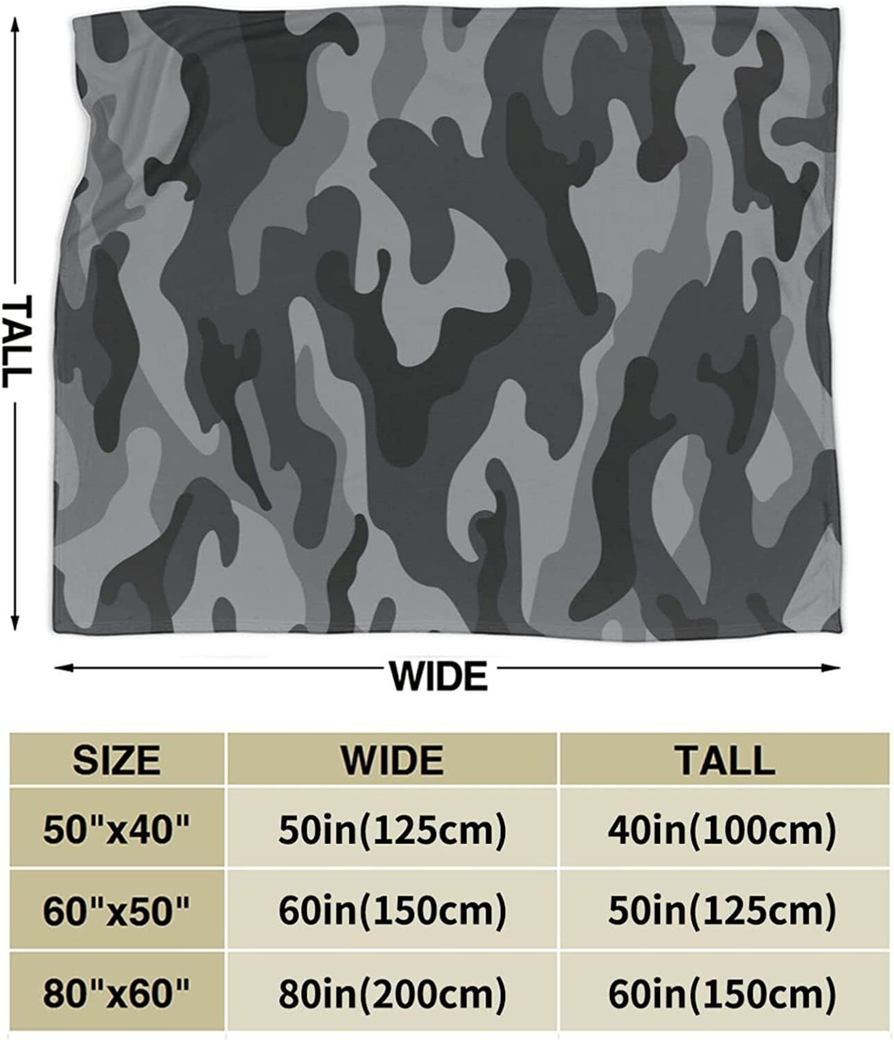 Military Camouflage Pattern Throw Blanket Ultra Soft Warm All Season Black and Grey Camo Decorative Fleece Blankets for Bed Chair Car Sofa Couch Bedroom 80"X60"