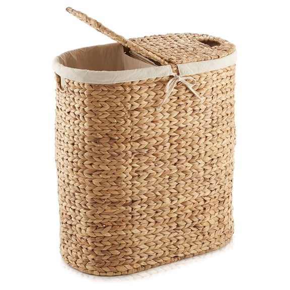 Oval Laundry Hamper with Lids and Removable Liner Bags - Natural, Woven Water Hyacinth 2-Section Laundry Basket Sorter for Clothes and Towels