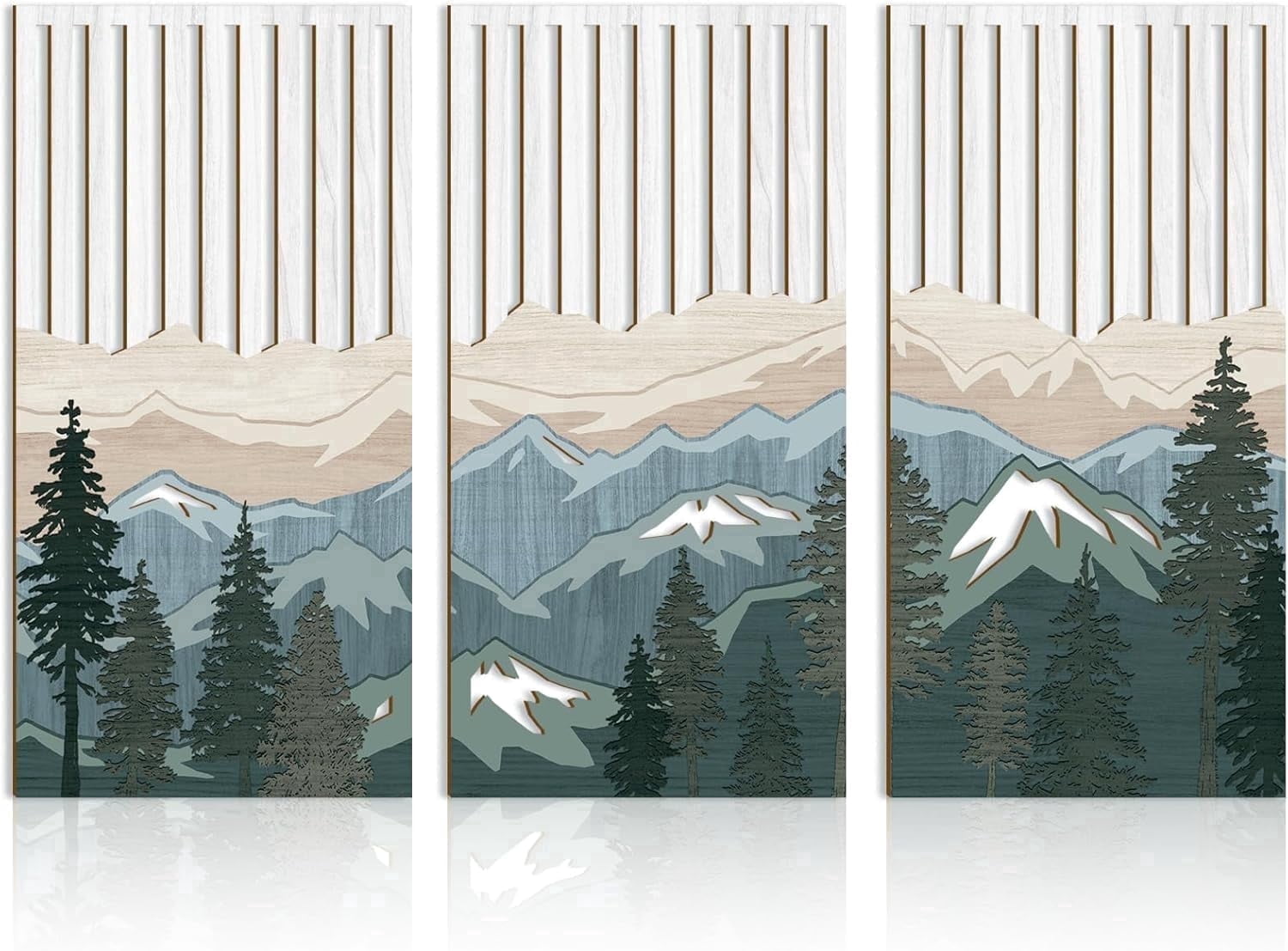 Large Mountain Wood Wall Art 16x32 Inch Abstract Mountain Landscape Wall Decor Green Nature Scenery Artwork for Bedroom Living room Office Set of 3