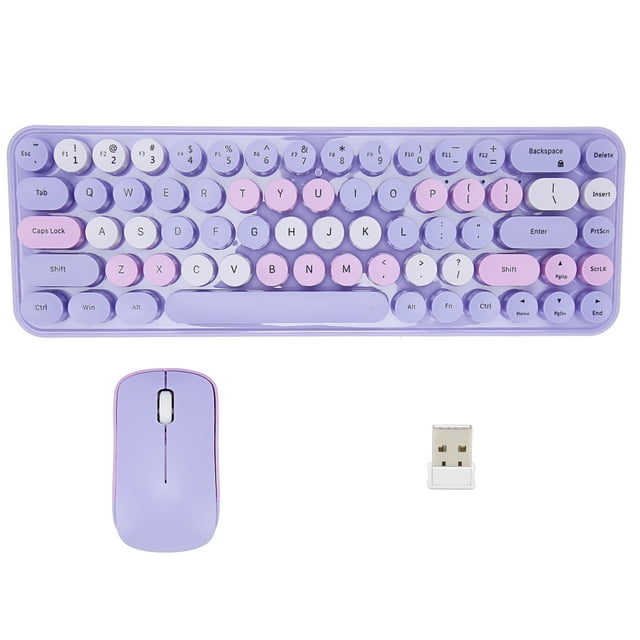 Combo de teclado y ratón inalámbrico de 2,4 GHz, retro, con 68 teclas redondas y 3 DPI, para juegos de oficina y familia, tema morado