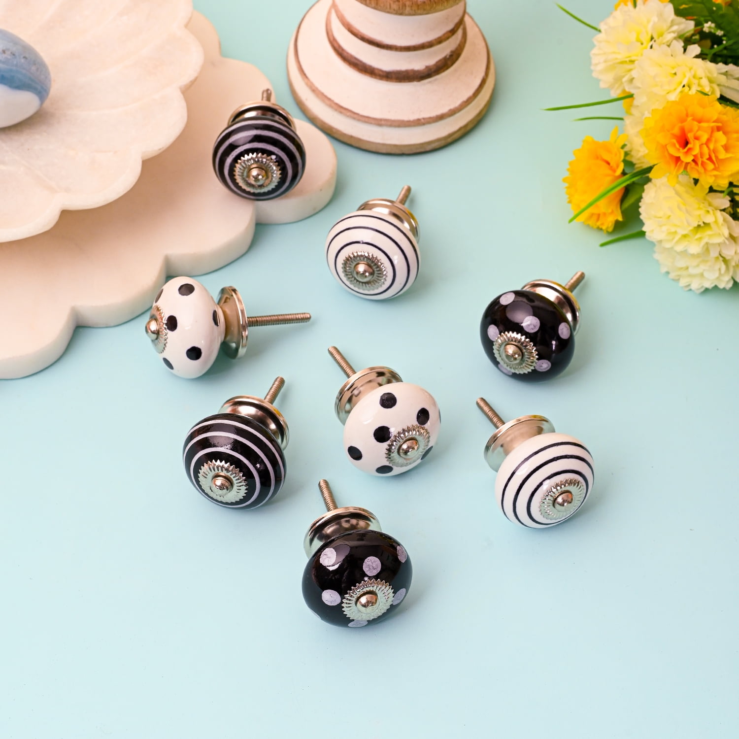 Perilla Home Printed Ceramic Knobs for Cabinet Vintage Kitchen - Set of 8 Assorted Decorative Cupboard Door & Wardrobe Drawer Pulls Chrome Hardware Handle Mix Design Knobs (White & Black)