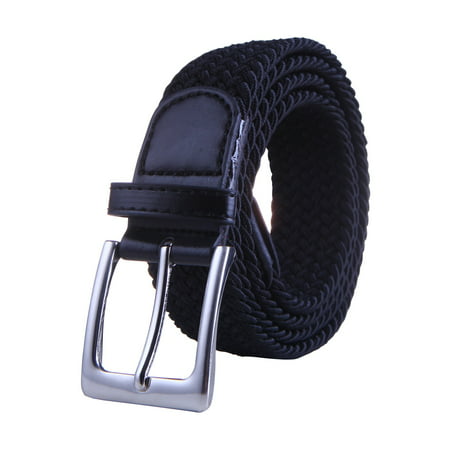 HDE Mens Elastic Braided Web Belt Woven with Leather Accents and Silver Buckle (Black, (Best Belt Buckle Knife)