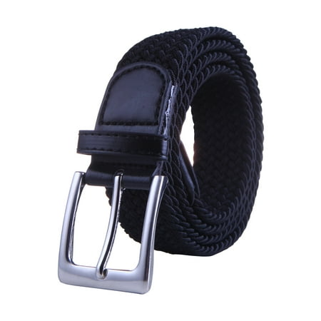 Pony Leather Belt - HDE Mens Elastic Braided Web Belt Woven with Leather Accents and Silver Buckle (Black, Medium)