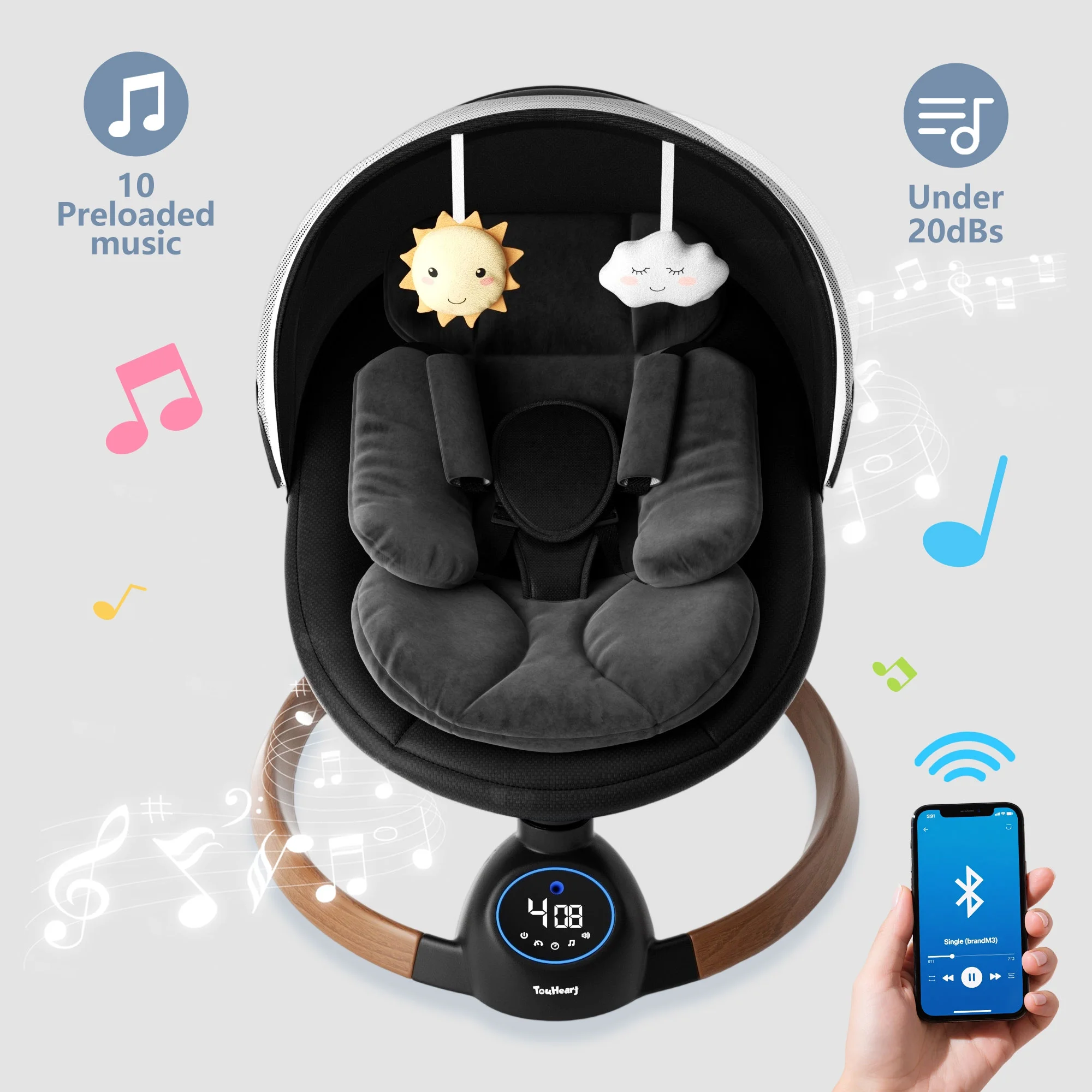 TouHeart Electric Baby Swing, Infant Rocker with Bluetooth & Remote,5 Speeds,10 Lullabies,3 Timing, Black