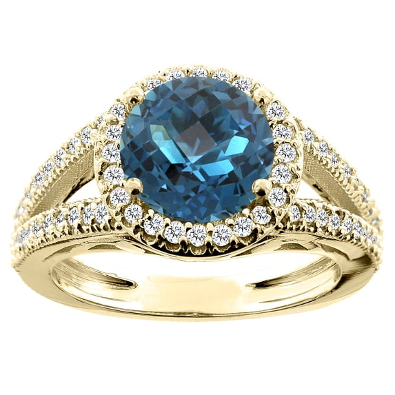14K Yellow Gold Natural London Blue Topaz Ring Round 8mm Diamond Accent, size 6