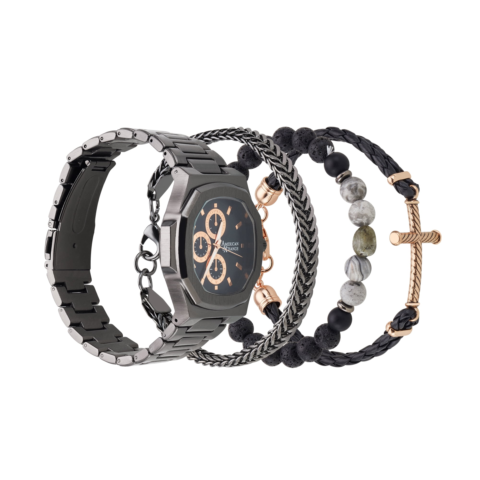 American Exchange Men's Metal Analog Watch and 4 Piece Bracelet Set, Matte Black