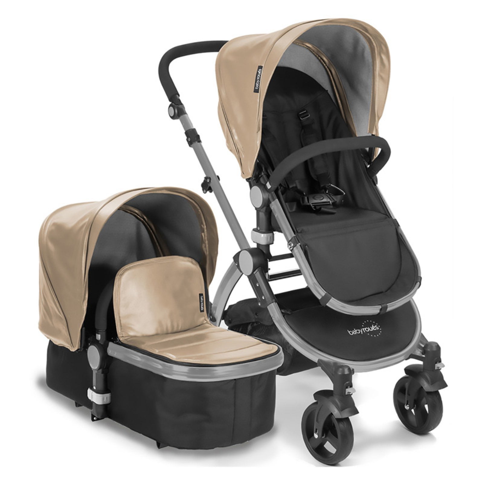 Babyroues Letour Lux Stroller with Basinet Silver Frame, Tan Leatherette Canopy and Footcover
