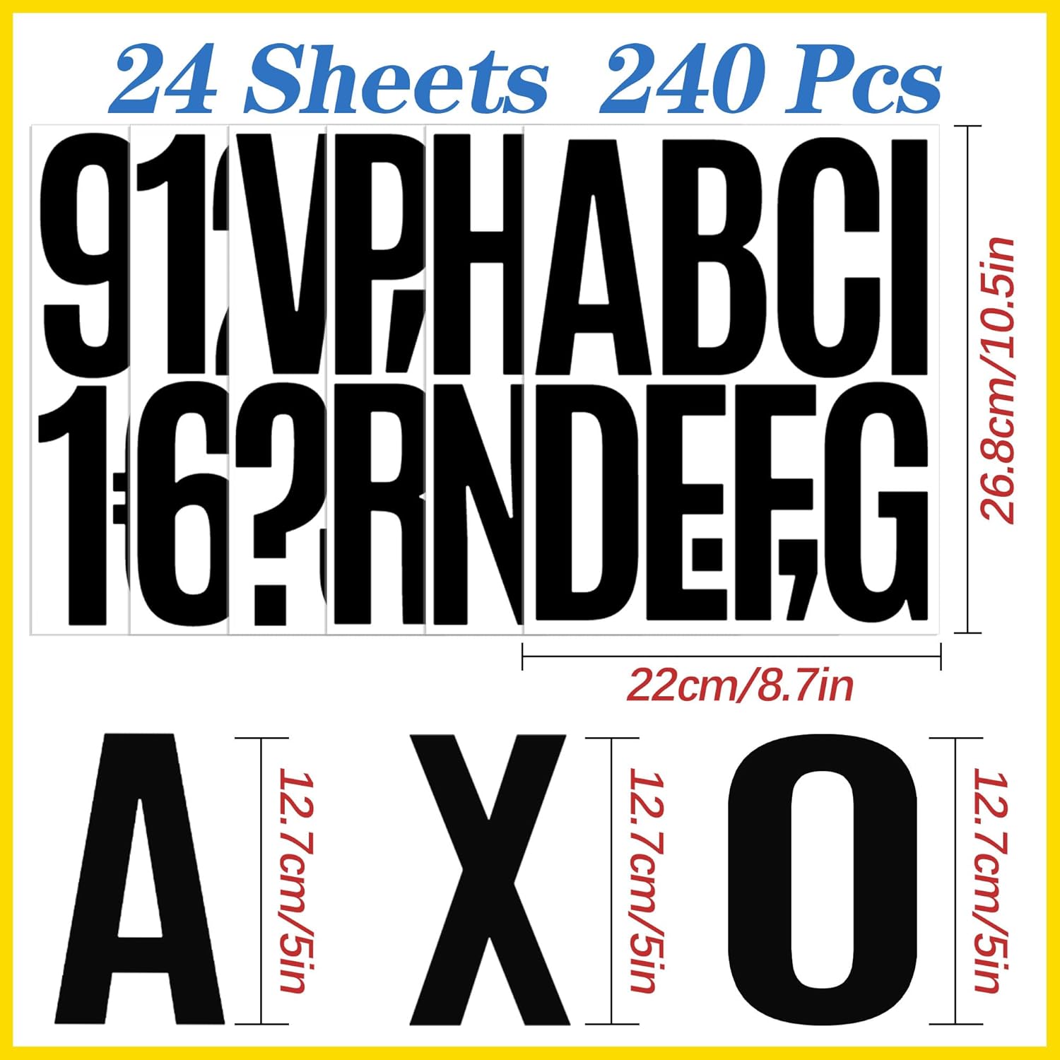 24 Sheets Letter Stickers 240Pcs Mailbox Numbers Large 5 Inch Vinyl Alphabet Numbers Stickers Big Self-Adhesive Waterproof Bulletin Post Board Letters for Mailbox Door Window Sign Home Address (5Inch