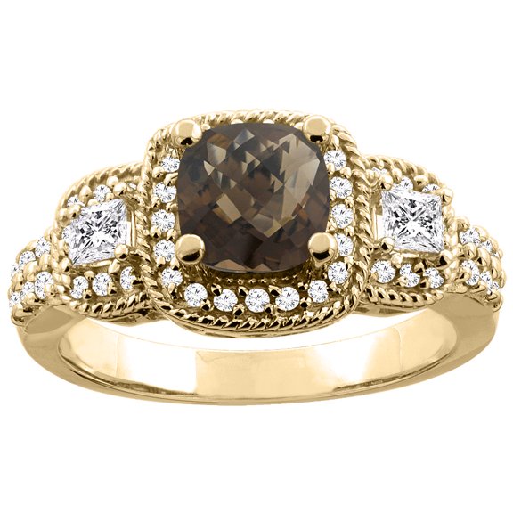 14K Yellow Gold Natural Smoky Topaz Ring Cushion-cut 6x6 mm Diamond Accent, size 9