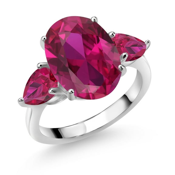 Gem Stone King 925 Sterling Silver Red Created Ruby Ring for Women (5.00 Cttw, 14X10MM Oval and 7X5MM Pear Shape, Gemstone July Birthstone, Size 9)