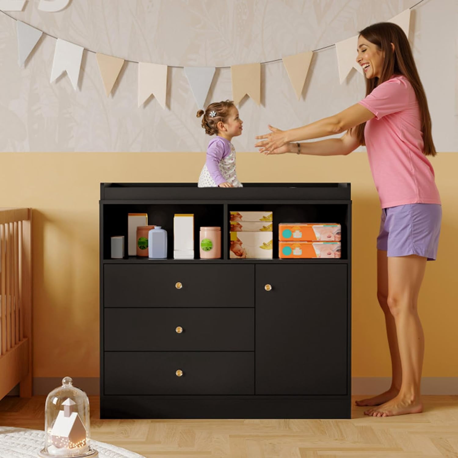 EastVita Dresser with Changing Table Top Changing Station with 3 Drawers Cabinet 2 Open Compartments Changing Table Dresser for Nursery Bedroom