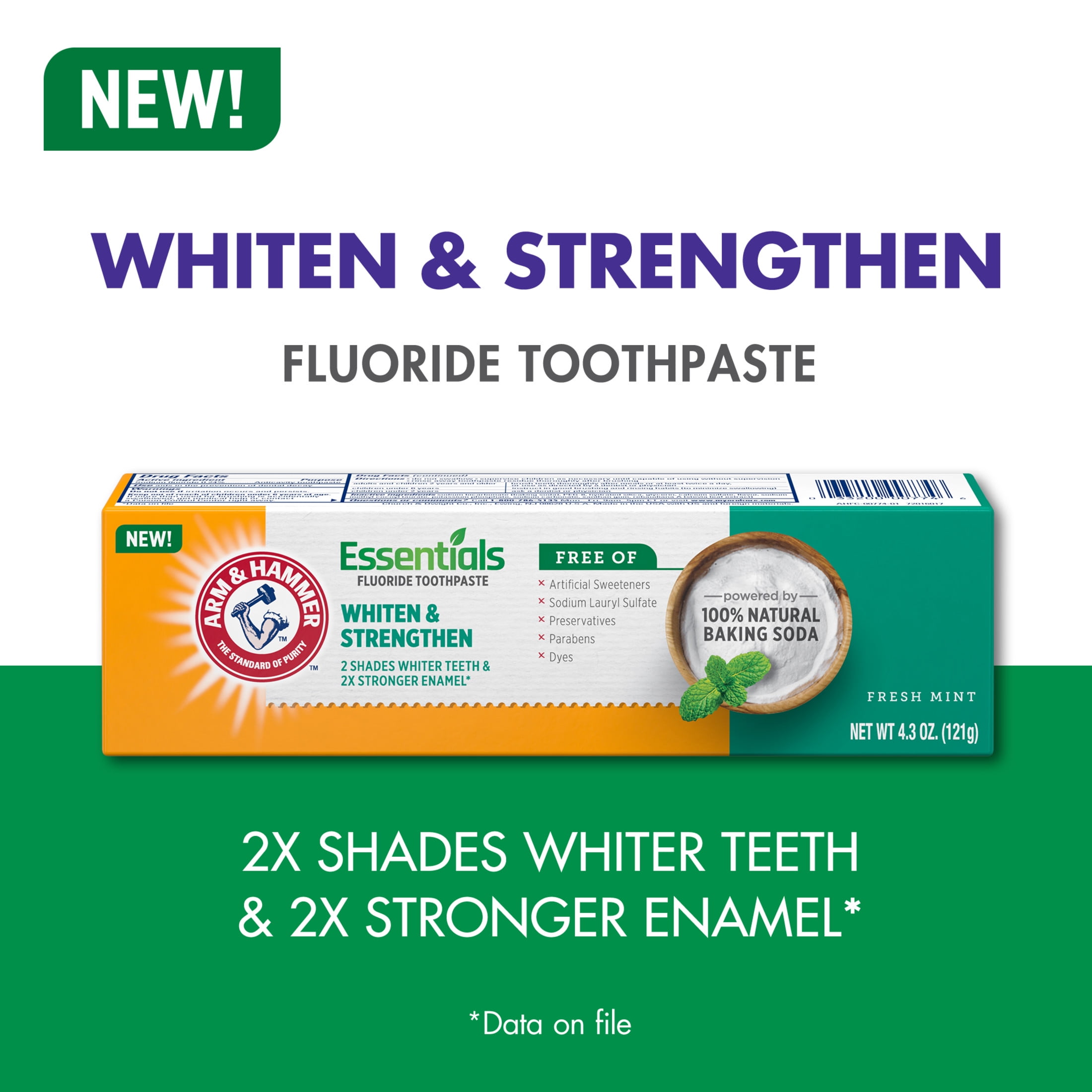 ARM & HAMMER Essentials Whiten & Strengthen Fluoride Toothpaste-One 4.3oz Tube, Fresh Mint- 100% Natural Baking Soda- Fluoride Toothpaste