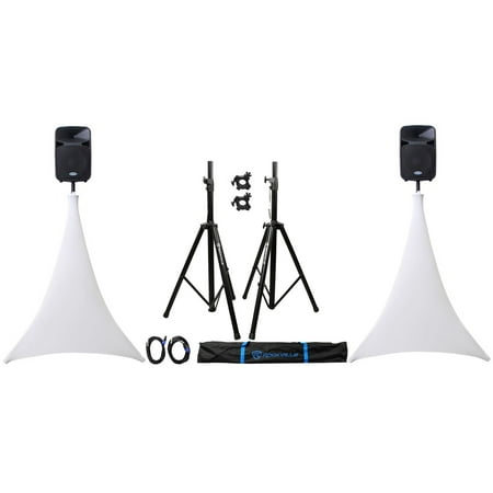 (2) Rockville Speaker Stands + 1/4" Cables + Scrim Werks SWLTPSWHT White Cover