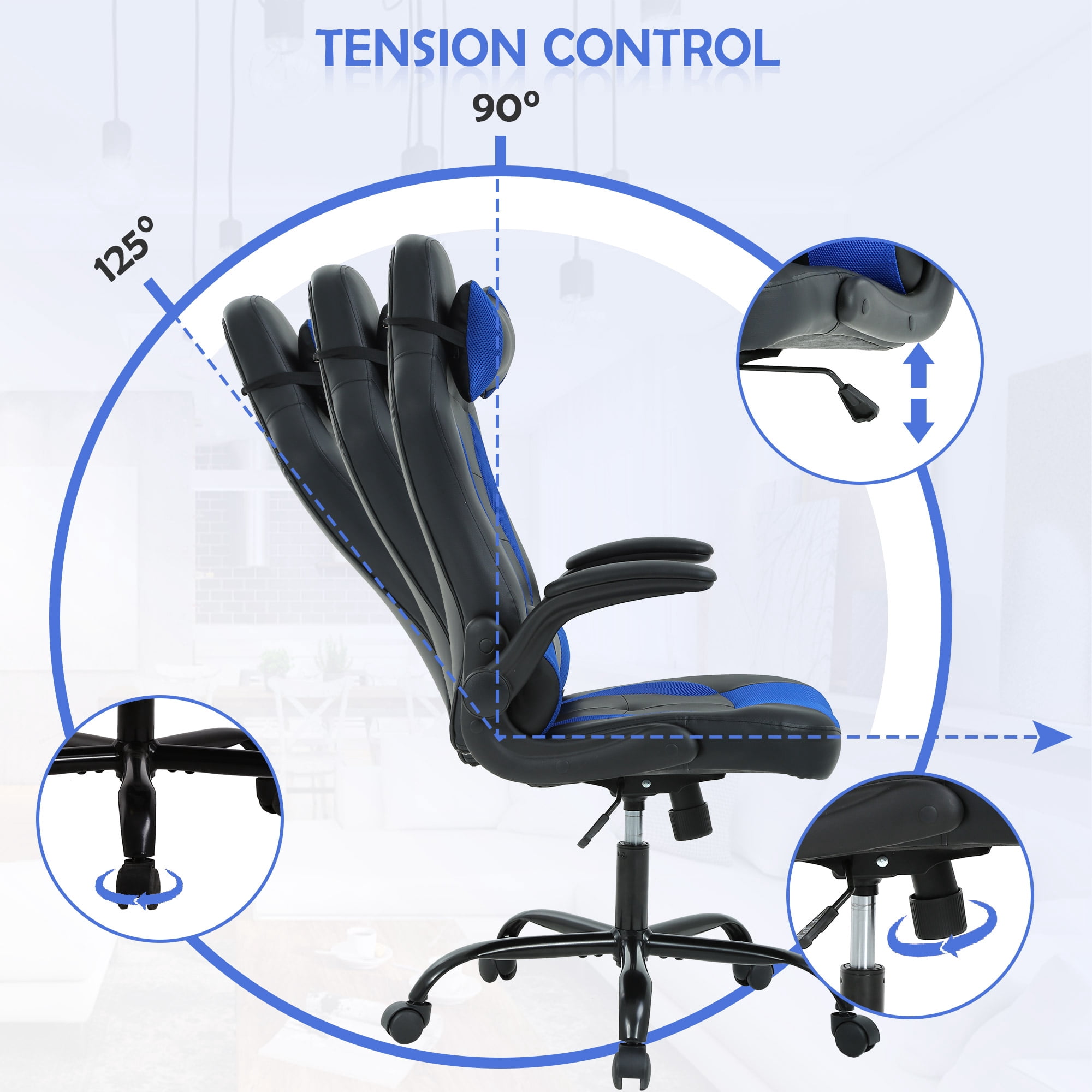 YRLLENSDAN Gaming Chairs，Office Gaming Chair with Lumbar Support Flip Up Arms Headrest Swivel Rolling Adjustable Computer Chair Racing Chair Gaming Chair for Adults Teens, Blue