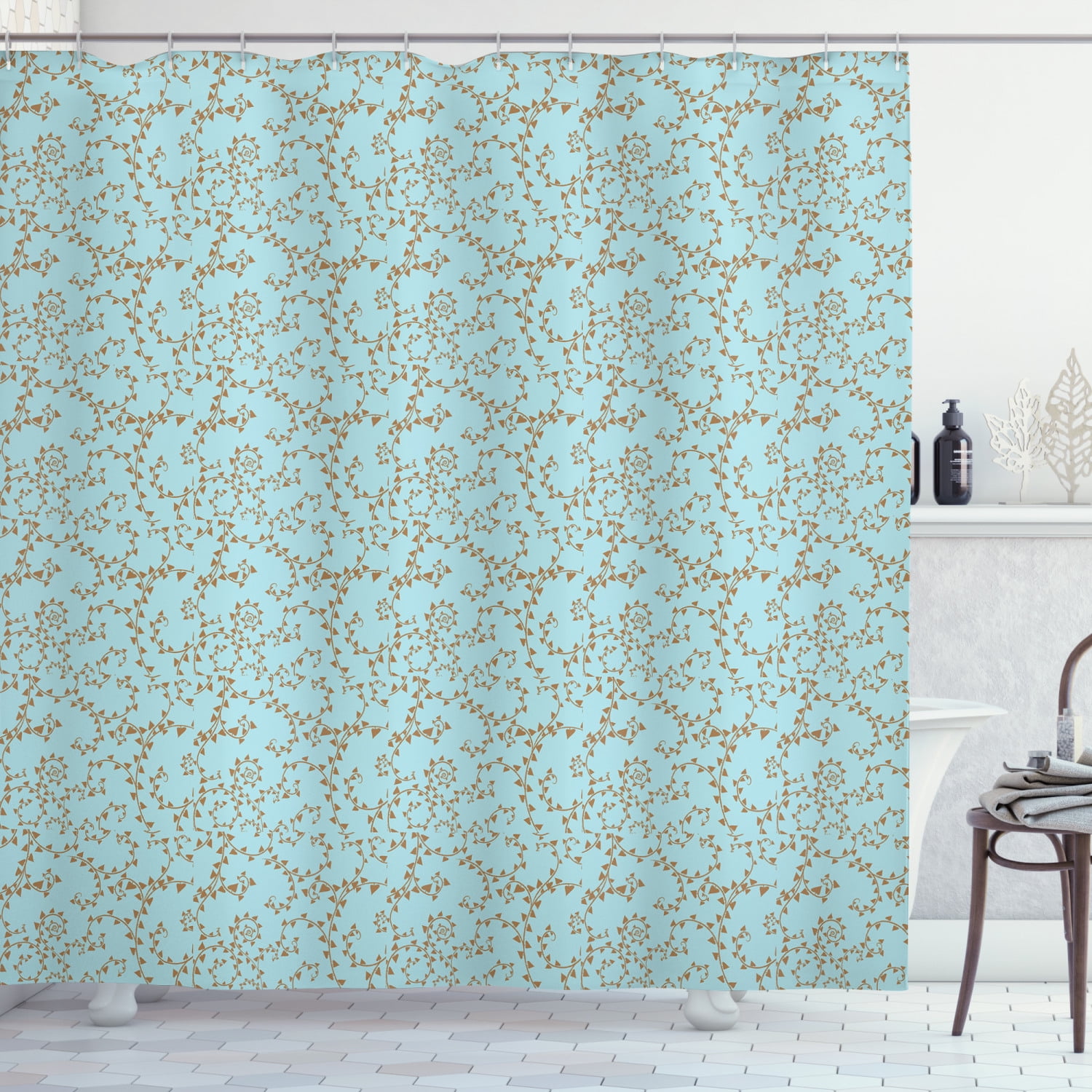 Brown and Blue Shower Curtain, Swirling Tree Branches with Leaves