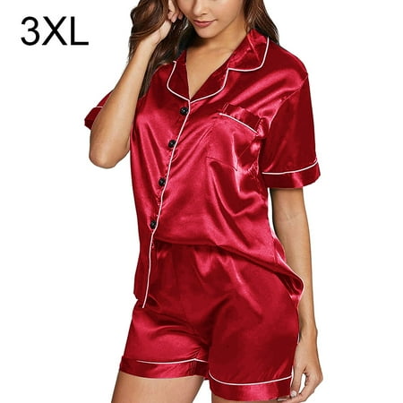 

Nightwear Suit Short Sleeve Button Down Sleepwear Woman Summer Pajama Wine Red 3XL