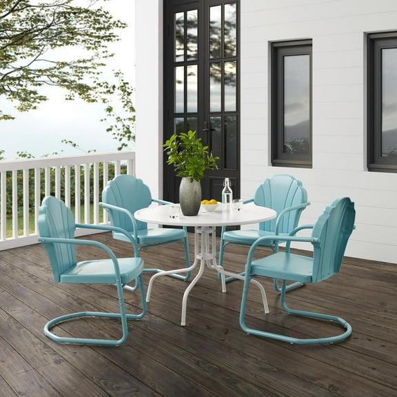 Maykoosh Suburban Soiree 5Pc Outdoor Metal Dining Set In Pastel Blue Satin And White Satin With A Sturdy Table And Four Vintage-Style Chairs For Al Fresco Dining.