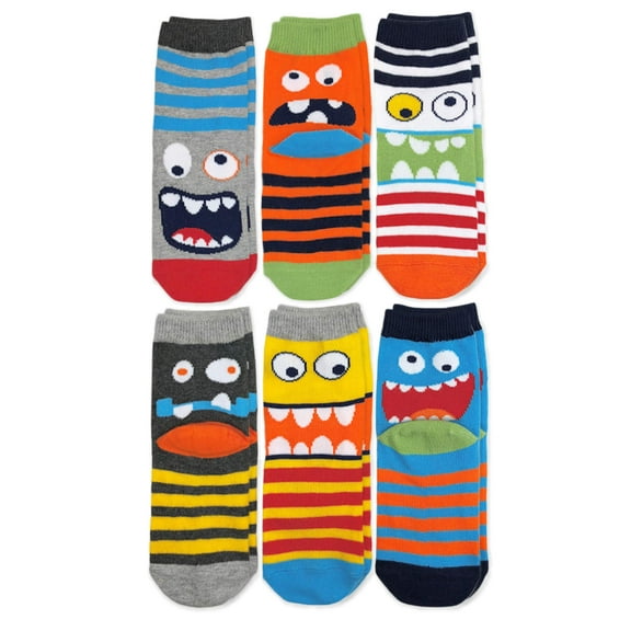 Jefferies Socks Boys Socks, 6 Pairs Monster Pattern Striped Cotton Crew Socks Sizes XS - S