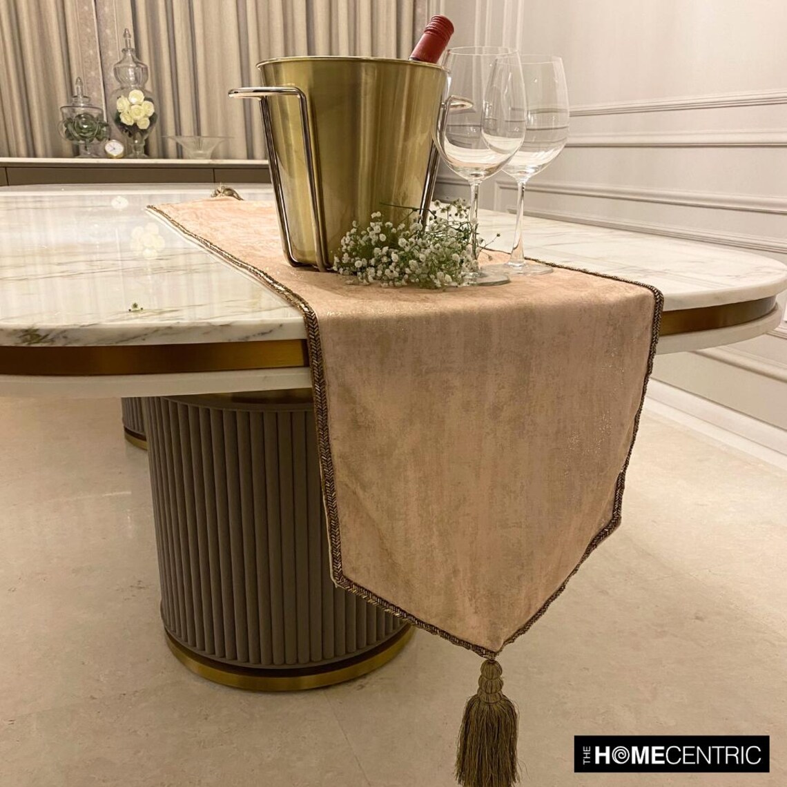 The HomeCentric Luxury Ivory Table Runner 8 - 10 Seater Table Runner (14 x 120 inch) Foil, Tassels, Suede fabric Table Linen, Abstract Pattern Modern Style - Shimmer Fest Ivory