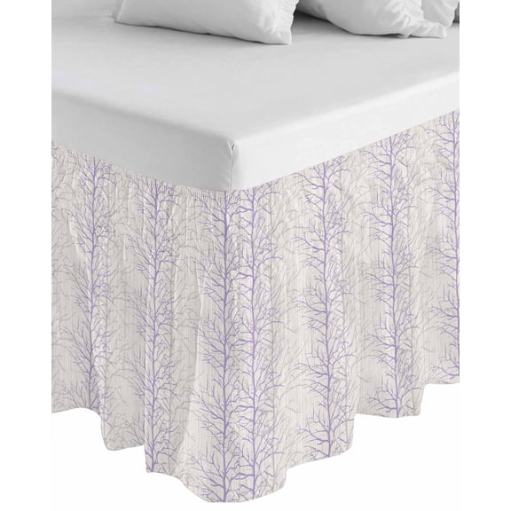Purple Botanical Wrap Around Bed Skirts for King Bed 16" Drop, Bed Skirt with Adjustable Elastic Belt Dust Ruffle Bed Valance for Bedroom Hotel Luxury Farmhouse Spring Summer Branch Bed Frame Cover