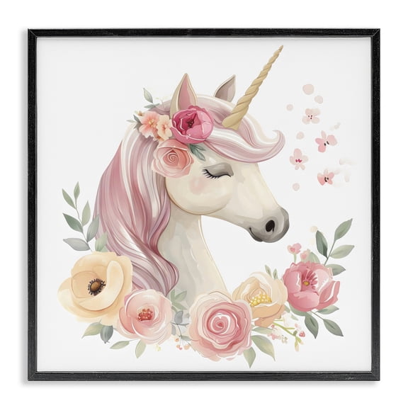 Stupell Industries Unicorn with Floral Wreath Black Framed Giclee Art, design by Creative Studio