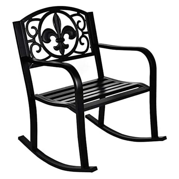 Outdoor Patio Rocking Chair, Metal Rocking seat for for Deck, Backyard or Garden w/Scroll Design (Black)