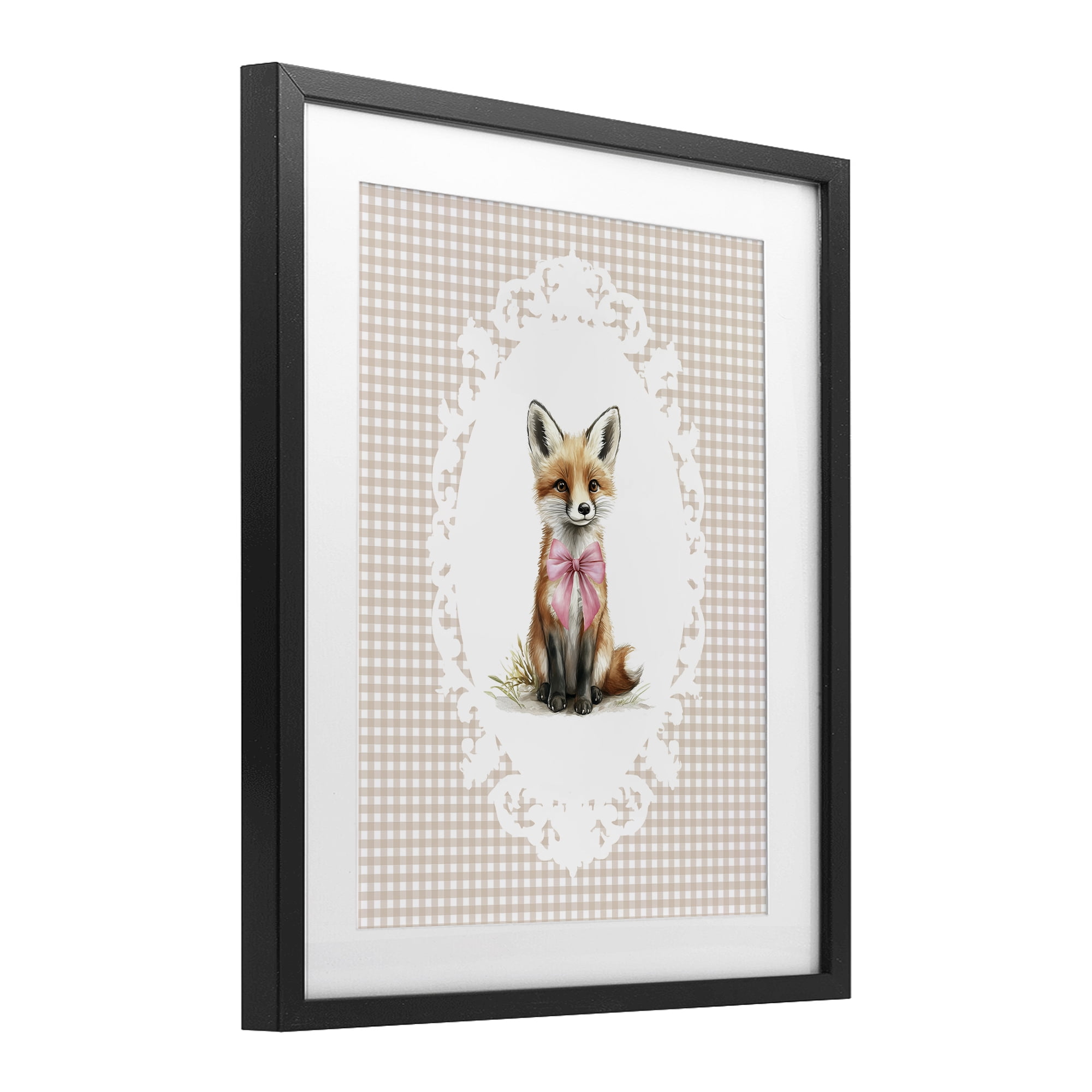 Stupell Industries Vintage Bow Fox on Gingham Black Framed Print Under Glass, design by Christine Simpson Art