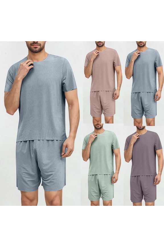 Men's 2 Piece Summer Pajama Sets Crew Neck Short Sleeve Shirts Shorts Men Solid Color Elastic Waisted Shorts Lightweight T-Shirts Sleepwear Sets