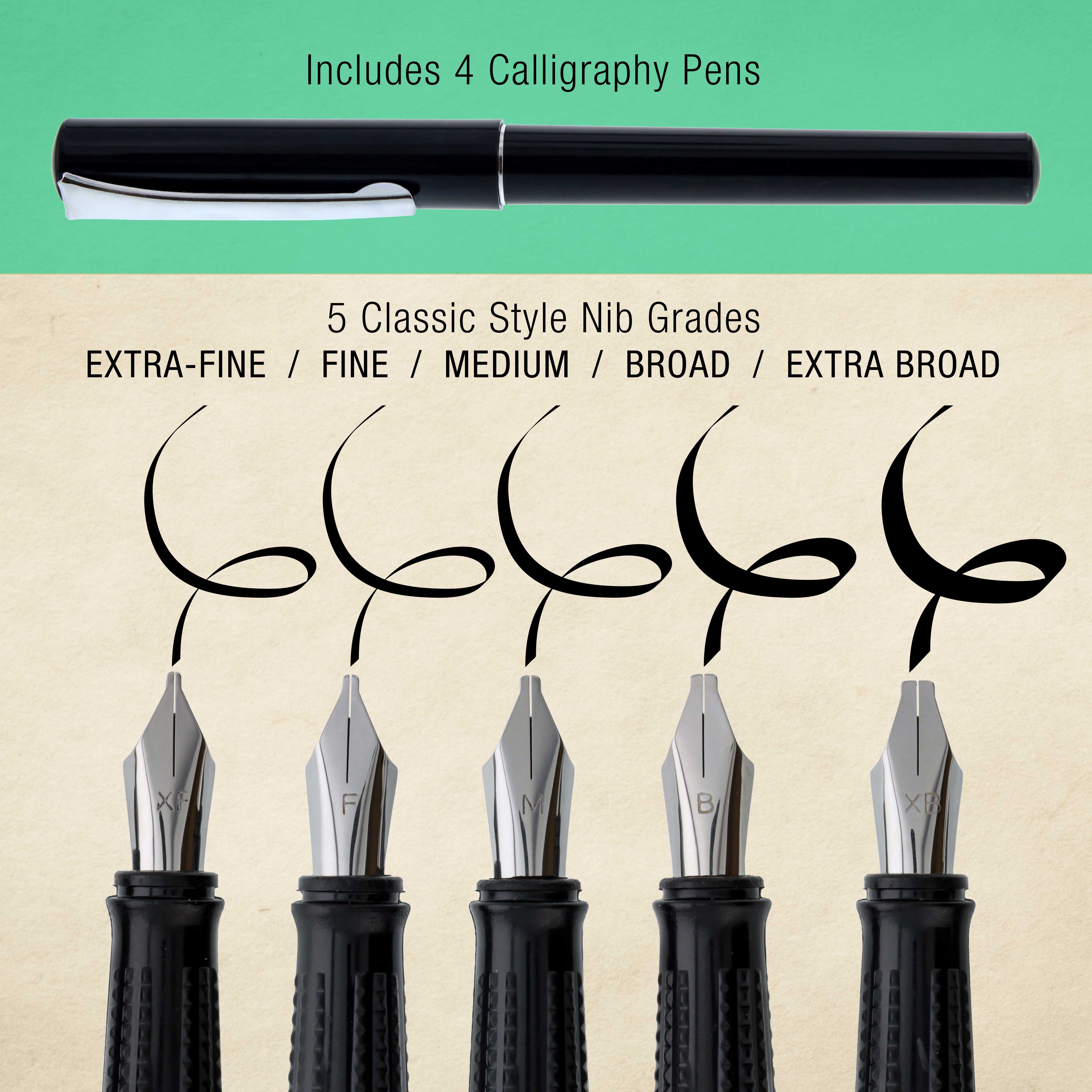 U.S. Art Supply 35-Piece Calligraphy Pen Writing Set - 4 Calligraphy Pens, 5 Size Styles of Pen Nibs, 22 Ink Cartridges, Instructional Handbook, Practice Paper Pad - Kids, Students, Adults Starter Kit