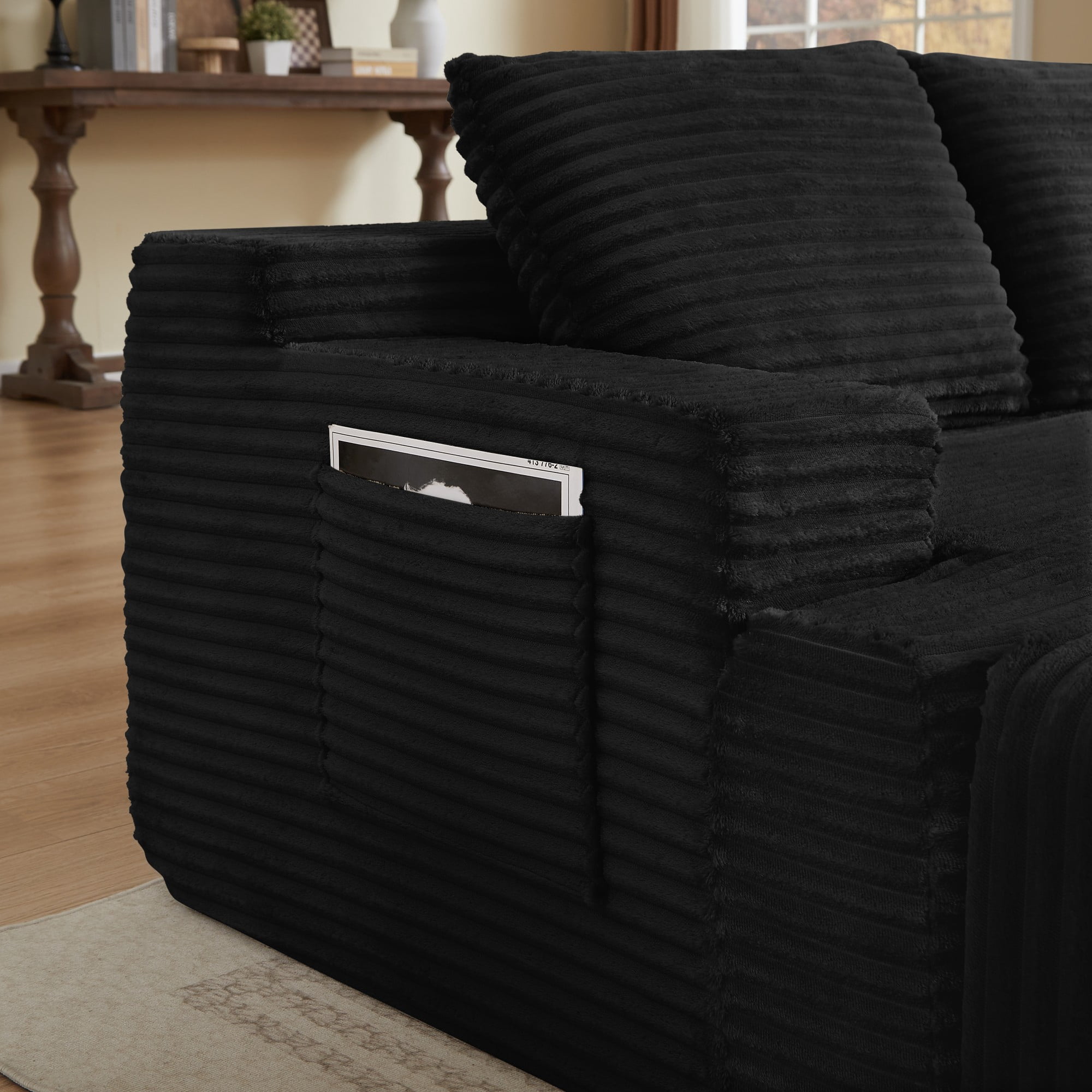 BSHTI 140.6" 5-Seat Corduroy U Shape Sectional Sofa with Cup Holder, Modular Design, No Assembly for Living Room（Black）