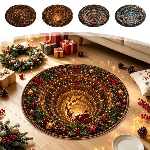 EaskTriop Christmas 3D Round Carpet, Holiday Decorative Area Rug, Non Slip Soft Floor Mat for Living Room Bedroom Xmas