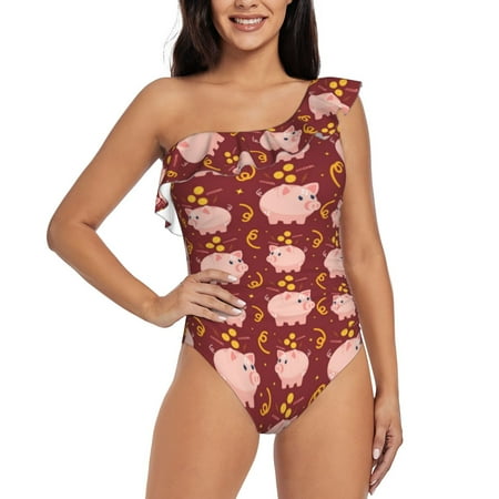 Uemuo Cute Pig with Coins Print Women s One Piece Swimsuit Asymmetrical Neck Bathing Suit One Shoulder Side Cutout Ruffle Swimwear-Large