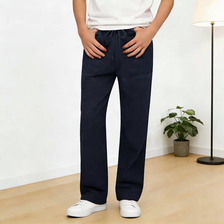 Ceisia Kids Linen Blend Straight Leg Pants Elastic Waist Drawstring with Side Pockets for Boys Casual Wear Navy 10-11Years Gifts for Father