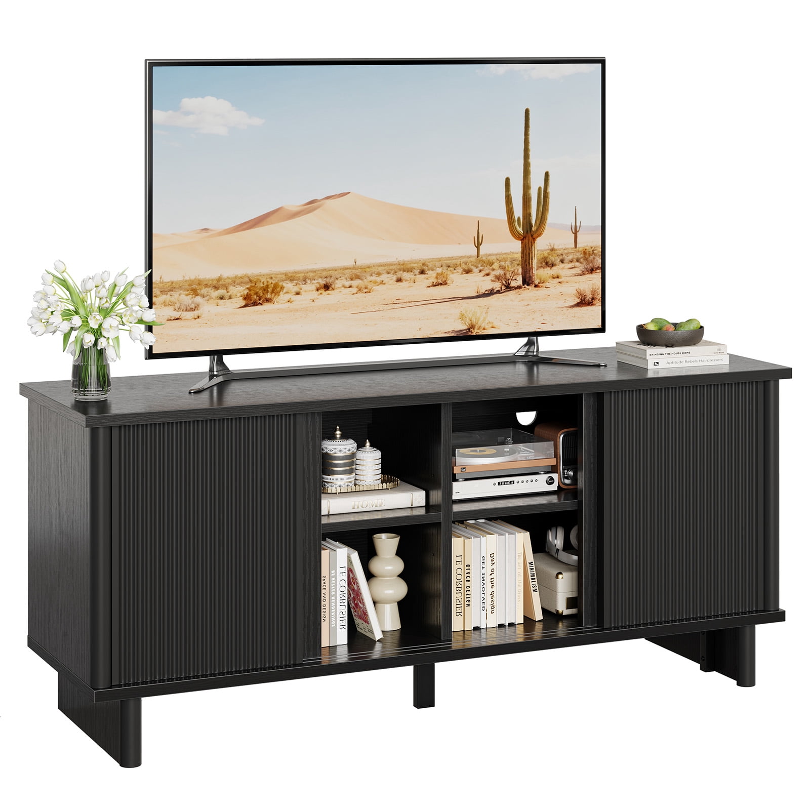 Bestier Fluted TV Stand for 65 inch TVs,Entertainment Center with 4-Sliding Doors,Height Adjustable Shelves,Media Console Table with Cable Management, TV Cabinet for Living Room,Black