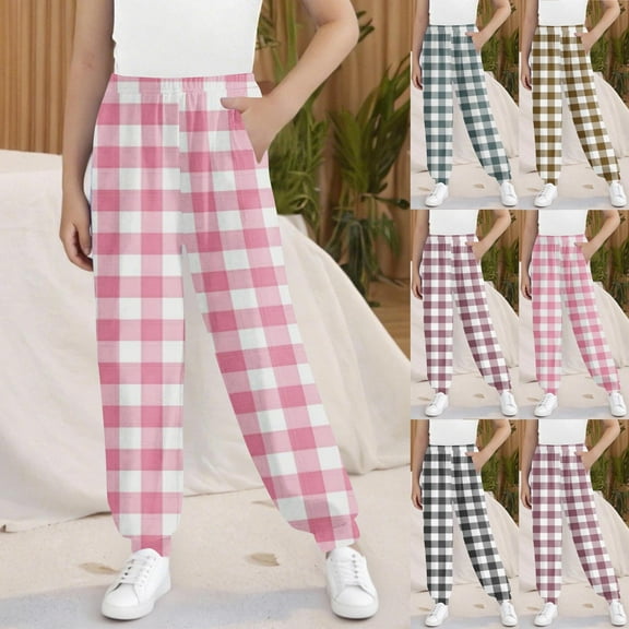Frostluinai Plaid Joggers for Teen Girl 3-15Y High Waist Baggy Cinch Bottom Pants Funny Color Block Dancewear Y2K Sweat Pants with Pocket