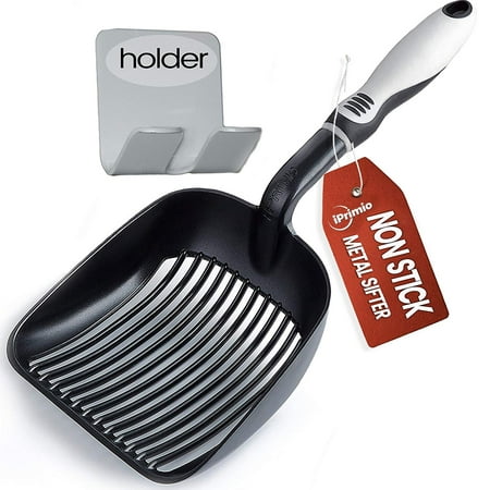 UPC: 0850466004810 | IPRIMIO Cat Litter Scooper | Litter Box Poop Scooper | Non-Stick Plated Aluminum Deep Shovel Scoop and Soft Foam Handle | Color: Black