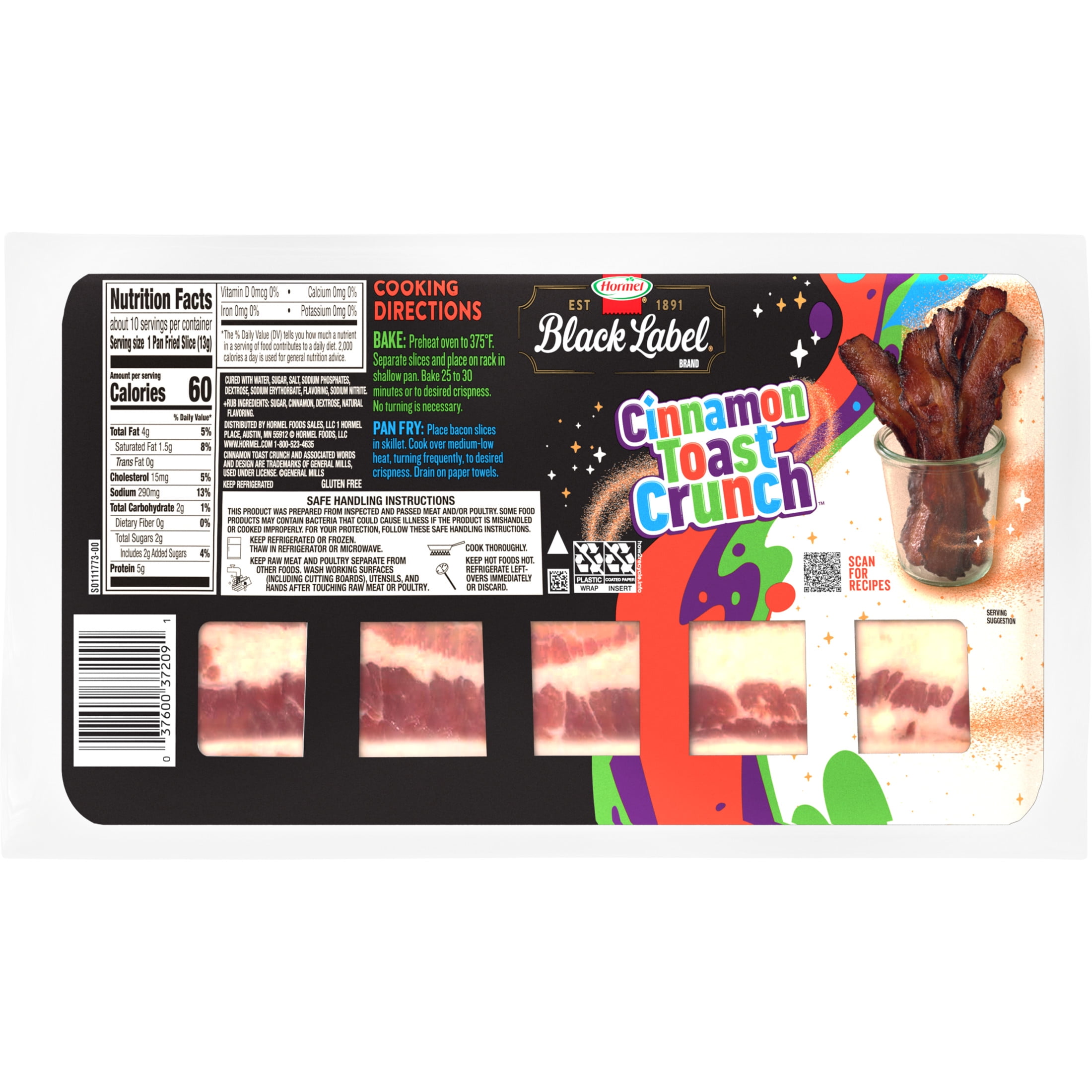 HORMEL BLACK LABEL CINNAMON TOAST CRUNCH Bacon, GCF, 12 oz Plastic Package