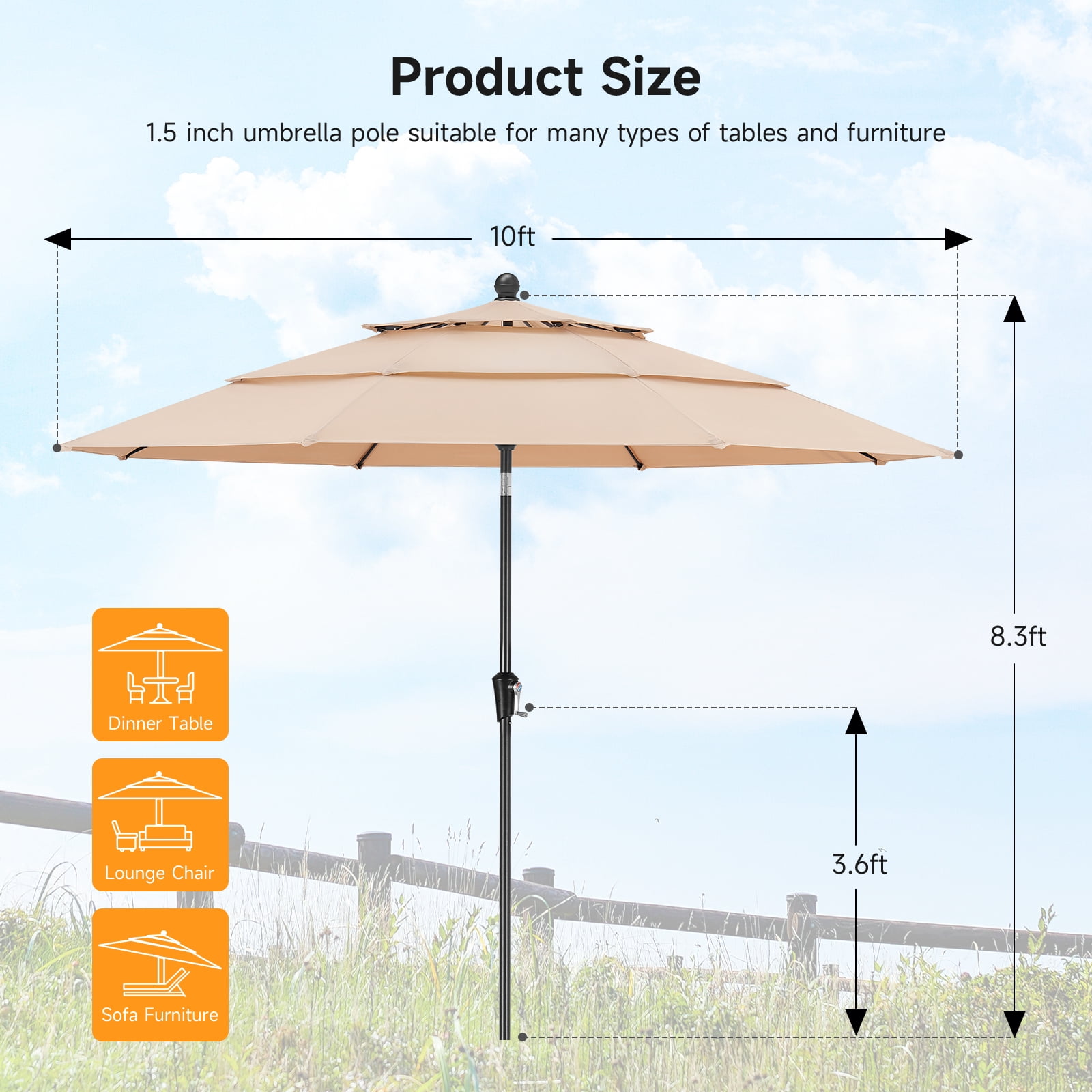 Dovov 10ft Patio Umbrella with Crank & Push Button Tilt, 3 Tier Vented Outdoor Market Umbrellas Adjustable Patio Table Umbrella with 8 Glass Fiber Ribs for Beach Pool Garden Lawn Backyard, Champagne