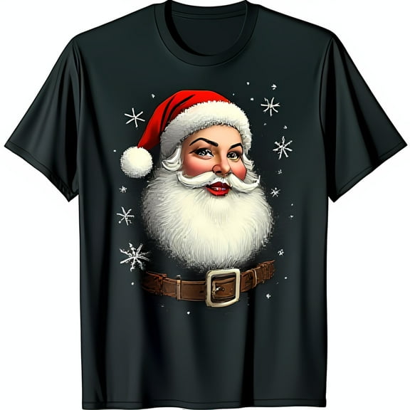 Festive Black T-Shirt with Retro Santa Claus Graphic & Snowflakes Design