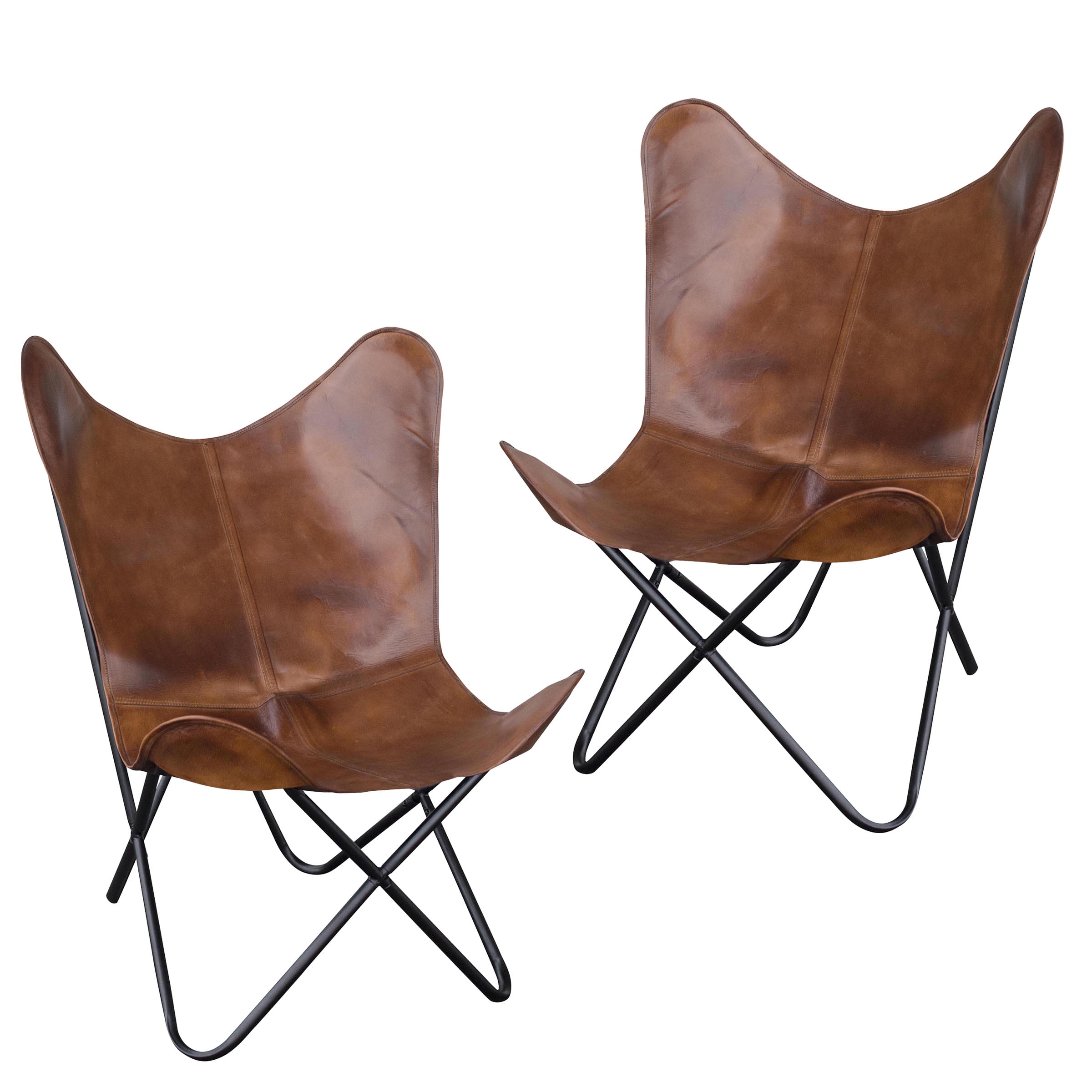 AmeriHome Leather Butterfly Chair in Natural Tan, 2 Piece Set