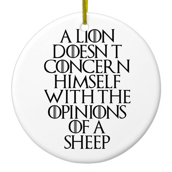 DistinctInk Hanging Ceramic Christmass Tree Ornament with Gold String - Great Gift / Present - 2 3/4 inch diameter - Lion Doesn't Concern With Opinions Sheep